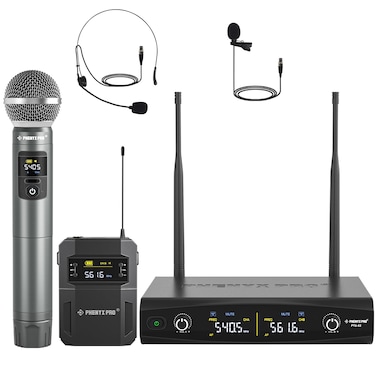 Phenyx Pro Wireless Microphone System,Metal Wireless Mic Set w/Handheld/Bodypack/Headset/Lapel Mics,2 x 30 UHF Frequencies, 200 ft Range, Microphone for Singing, Karaoke, Church (PTU-52-1H1B)