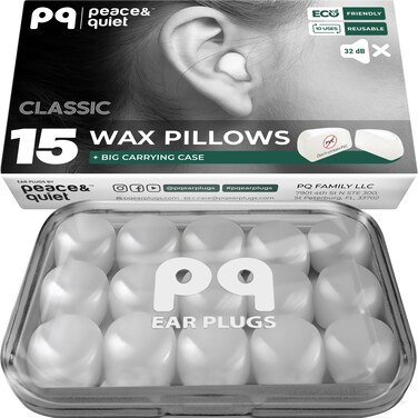 PQ Wax Ear Plugs for Sleeping, Swimming - 15 Soft Noise Cancelling Silicone Gel Wax Earplugs for Sleep and Swimmers, Ear Protection with Sound Blocking Level of 32 Db, (15-Pillows), Color: White