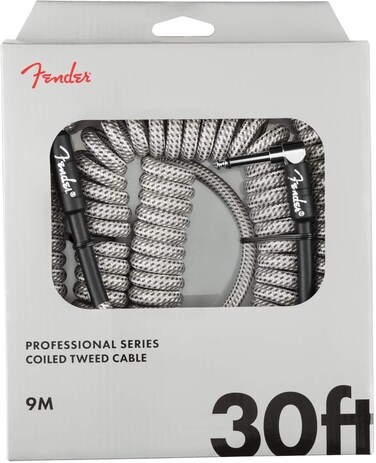 Fender Professional Series Tweed Coiled Instrument Cable, Guitar Cable, Guitar Accessories, Straight/Angle, White, 30ft