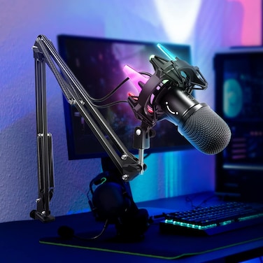 FIFINE USB Microphone Gaming Kit, Dynamic Microphone for Computer, with Silence Button, 8 RGB Colours, Shockproof, Arm Stand, Cardioid Microphone, for PC PS4 PS5
