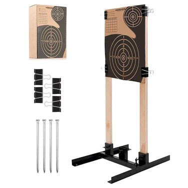 KESHES Target Stand Base - Adjustable Archery Target Steel Stand for Paper Sheet &amp; Cardboard Target Box Cutout, Includes H-Shape Base, Ground Anchors, Target Clips (Wooden Poles Not Included)