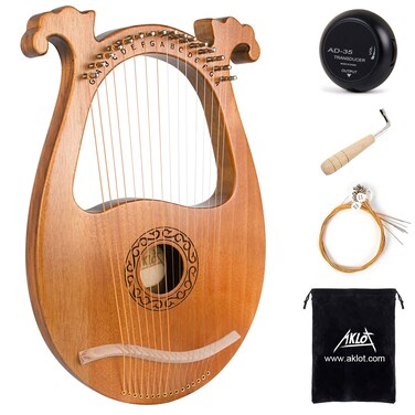 Lyre Harp, AKLOT 16 Metal Strings Mahogany Body Lyra Harp with Maple Saddle Carved Note Tuning Wrench Pickup Strings and Black Gig Bag
