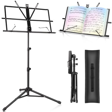Music Stand New bee Foldable &amp; Portable Metal Sheet Music Stand with Carrying Bag, Adjustable Podium Stand with Tripod Base and Sheet Music Folder - Black