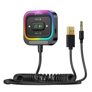 Syncwire Bluetooth 5.4 Aux Car Adapter [Large Mic&amp;Noise Cancellation] Bluetooth 3.5mm Receiver for Car with Coiled Cable [Light Switch][Hands-Free Call] [HiFi Deep Bass] Plug-and-Play for Stereo Audio
