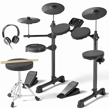 AODSK Electronic Drum Set for Beginner Kids with 150 Sounds,4 Quiet Drum Pads,2 Switch Pedal,Drum Throne,Drumsticks,On-Ear Headphone,AED-400