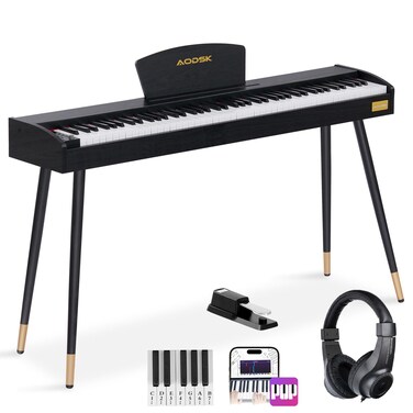 AODSK Beginner Digital Piano 88 Key Keyboard,Full-size Electric Piano for Beginners,with Sheet Music Stand,Pedal,Power Adapter,Headphone Mode,USB-MIDI,Piano Lessons,Black,-Comes with headphones