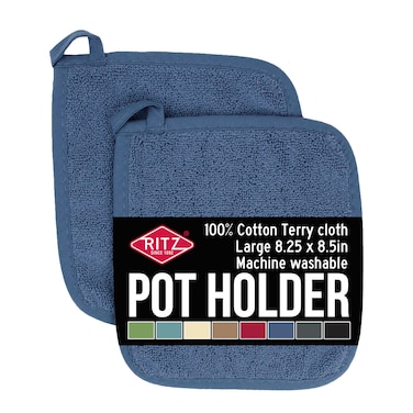 Ritz Terry 100% Cotton Potholders - Heat Resistant, Ergonomic Grip, Machine Washable - Federal Blue, 2-Pack