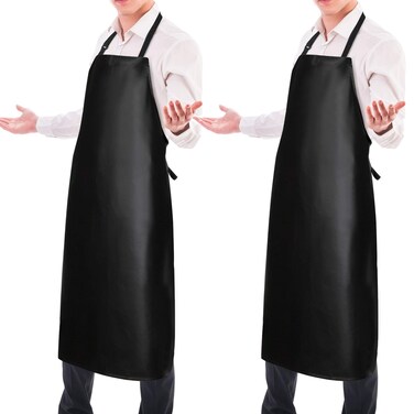 2 Pack Waterproof Rubber Vinyl Apron 40 Inch Chef Aprons for Men Heavy Duty Chemical Work Apron Extra Long Grilling Aprons with Adjustable Bib Apron for Dishwashing Lab Butcher Cooking Kitchen Black