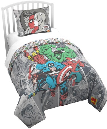 Jay Franco Marvel Comics Avengers Twin Size Duvet Cover and Sham Set - 2 Piece Super Soft Cozy Grey Kids Bedding with Spiderman, Captain America and Hulk