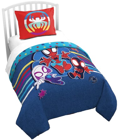 Jay Franco Marvel Spidey &amp; His Amazing Friends Twin Size Duvet Cover and Sham Set - Miles Morales &amp; Ghost Spider 2 Piece Super Soft Cozy Blue Kids Bedding