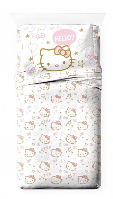 Jay Franco Hello Kitty Twin Size Sheet Set - Super Soft 3 Piece Stars &amp; Hearts Bedding Set - Microfiber Sheets Includes Reversible Pillow Covers