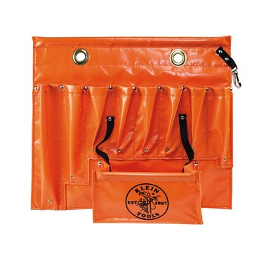 Klein Tools 51828 Tool Apron, Made in USA, 18-Inch Aerial Apron with 8 Pockets and Tool Pouches, Loops and Hooks in Hi-Viz Orange
