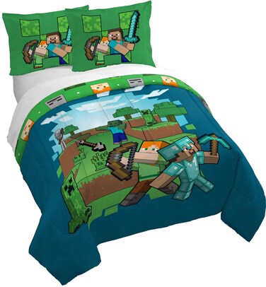 Jay Franco Minecraft Creeper Queen Size Duvet Cover and Sham Set - 3 Piece Super Soft Cozy Blue and Green Kids Bedding for Gamers with Alex &amp; Steve