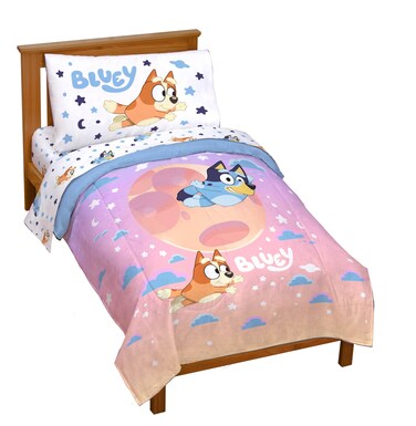 Jay Franco Bluey &amp; Bingo Toddler Comforter Set - 4 Piece Bed Set Includes Sheet Set &amp; Pillow Covers - Super Soft Clouds &amp; Stars Kids Bedding
