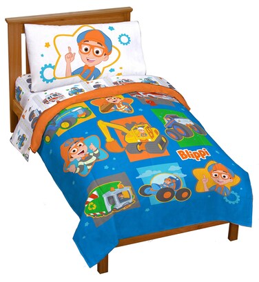 Jay Franco Blippi &amp; Meekah Trucks Toddler Comforter Set - 4 Piece Blue Bedding Sheet Set &amp; Pillow Cover - Super Soft Microfiber Bed Set