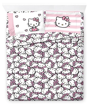 Jay Franco Hello Kitty Stripes &amp; Hearts Queen Size Sheet Set - Super Soft 4 Piece Bedding Set - Microfiber Sheets Include Reversible Pillow Covers