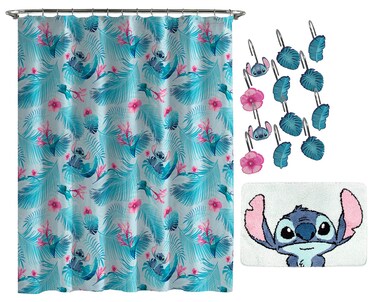 Jay Franco Disney Lilo &amp; Stitch Floral Fun 14 Piece Bathroom Set - Includes Shower Curtain, 12 Hooks, &amp; Non-Slip Bath Rug - Easy Care Fabric (Official Disney Product), Acrylic,Microfiber