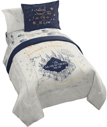 Jay Franco Harry Potter Twin Comforter Set - Marauders Map 5 Piece Bedding Includes Sheet Set &amp; Pillow Covers - Super Soft Hogwarts Bedding