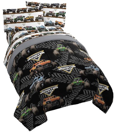 Jay franco Monster Jam Tracks 4 Piece Twin Bed Set - Includes Comforter &amp; Sheet Set - Bedding Features Grave Digger &amp; Megalodon - Super Soft Fade Resistant Microfiber (Official Monster Jam Product)