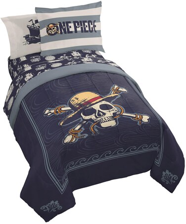 Jay Franco One Piece Twin Size Comforter Set - 5 Piece Blue Bedding Includes Sheet Set &amp; Pillow Covers - Super Soft Anime Bedding with Skull and Bones
