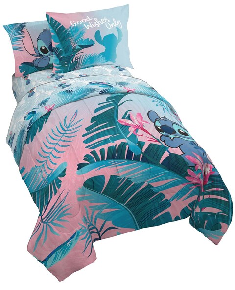 Jay Franco Disney Lilo &amp; Stitch Floral Fun 5 Piece Twin Bed Set - Includes Reversible Comforter &amp; Sheet Set Bedding - Super Soft Fade Resistant Microfiber