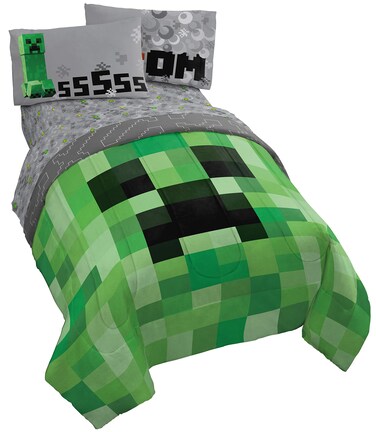 Jay Franco Minecraft Creeper 5 Piece Full Bed Set - Includes Reversible Comforter &amp; Sheet Set - Super Soft Fade Resistant Microfiber - (Official Minecraft Product)