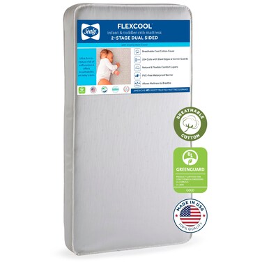 Sealy Baby Flex Cool Breathable 2 Stage Waterproof Crib Mattress plus Toddler Bed Fit, Airy Cotton Cover, 204 Premium Coils, GREENGUARD Gold Certified, Safety &amp; Quality Tested, Made in USA, 52'X28'