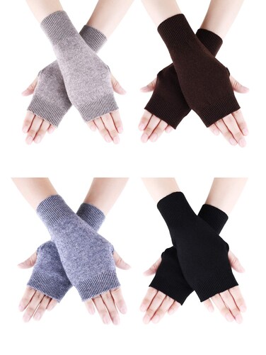 Tatuo 4 Pairs Cashmere Fingerless Gloves Wrist Warmers with Thumb Hole for Women and Men(Color Set 1)