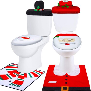 Tatuo 6 Pieces Christmas Toilet Seat Cover Decorations, Snowman Santa Toilet Seat Cover and Rug Set Red Christmas Decorations Bathroom