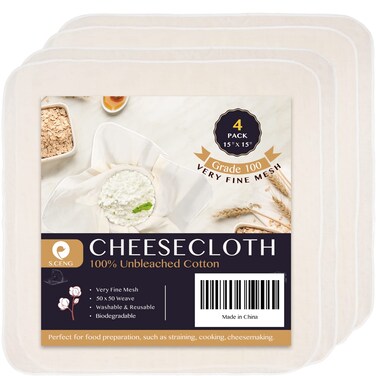 Precut Cheesecloth, 15 x 15'' 4 Pack, Grade 100, Ultra Fine for Straining &amp; Cooking, 100% Unbleached Cotton Cheese Cloth for Making Cheese