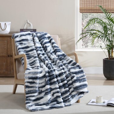 French Connection Blue Abstract Printed Ribbed Faux Fur Throw Blanket - 50"X60" - Soft and Elegant Faux Fur Blanket