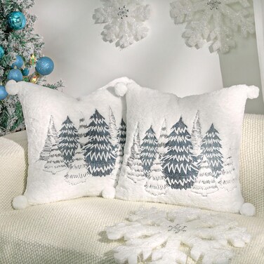 Lewondr Throw Pillow Cover, 18x18 Inch Set of 2 Double-Sided Luxury Soft Faux Fur Decorative Pillow Cover with Plush Ball Cute Embroidered Cedarwood Throw Pillow Case for Bed Home Decor Living Room