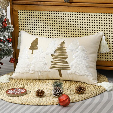 Lewondr Christmas Pillow Covers, 12x20 Inch 1PCS Soft Cute Pellet Velvet Embroidery Trees Brown White Decorative Lumbar Pillow Cover with Tassel Luxury Throw Pillow Case for Bed Home Decor Living Room