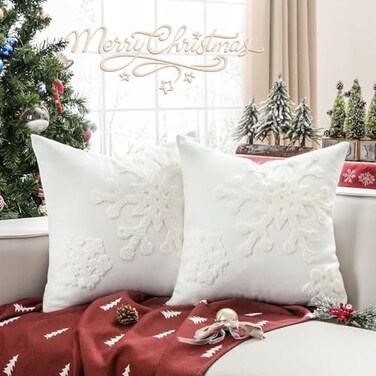Lewondr Christmas Throw Pillow Cover, 2 Pack Snowflake Embroidery Decorative Throw Pillow Case Linen Sofa Cushion Cover for Party Thanksgiving Day Xmas Decor 18"x18"(45x45cm) - White