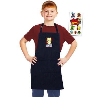Iron Man Apron for Kids Bundle - Marvel Kitchen Accessories Set with Iron Man Embroidered Apron for Kids, Boys, Girls Plus Stickers   Iron Man Apron