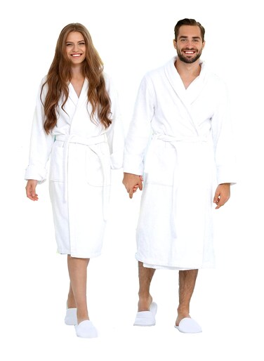 BIOLINEN Premium 100% Cotton Terry Shawl Bath Robe Collar with FREE Slippers - ONE Unisex Men &amp; Women Spa Robe