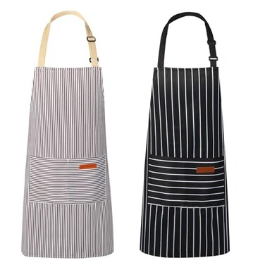 VALOME 2 Pack Kitchen Aprons, Apron for Restaurant with Adjustable Neck Strap, 2 Pockets Chef Aprons for Cooking Baking (BLACK &amp; BROWN)