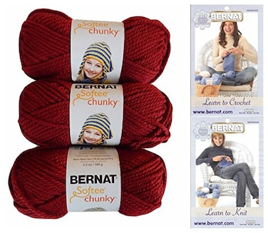 Bernat Softee Chunky Yarn Bundle Super Bulky Number 6, 3 Skeins (Wine)