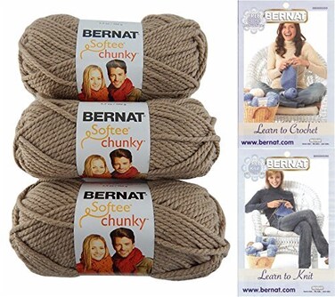 Bernat Softee Chunky Yarn Bundle Super Bulky #6, 3 Skeins, Soft Taupe