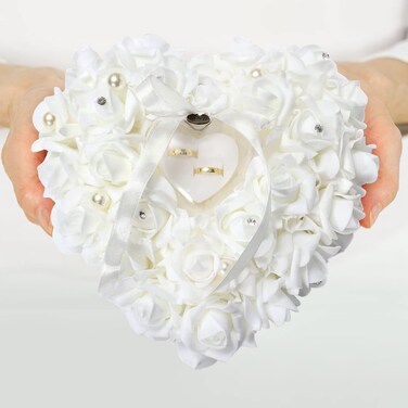 TOPINCN Wedding Pillow, White Wedding Pillow Romantic Lace Crystal Rose Wedding Heart Box Pillow Cushion with Ribbon Pearl Wedding Ceremony Holder for Wedding Supplies Gift
