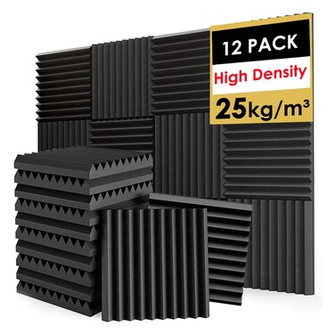 FONESO Acoustic Panels, High Density Soundproof Foam Panels for Walls, Sound Absorbing Panels, Acoustic Foam Panels Fire Resistant for Studio Recording (Black, 1"x12"x12" 12Pack)