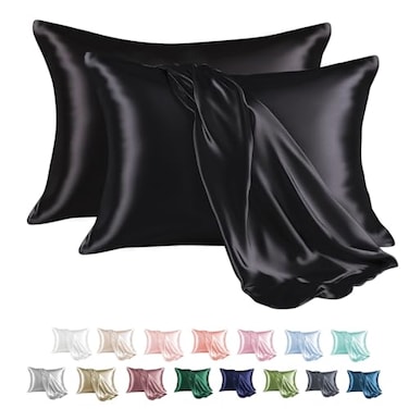 MR&amp;HM Satin Pillowcase for Hair and Skin, Silk Satin Pillowcase 2 Pack, Queen Size Pillow Cases Set of 2, Silky Pillow Cover with Envelope Closure (20x30, Black)