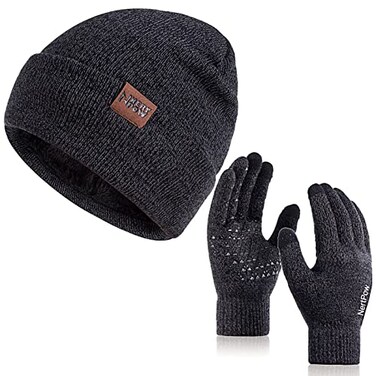 Winter 1-3 PCS Beanie Hat Gloves Scarf For Men And Women, Knit Thick Fleece Lined Warm Touchscreen Gloves Beanie Infitiny Scarf Set (Gloves&amp;Beanie Black Dark Gray)