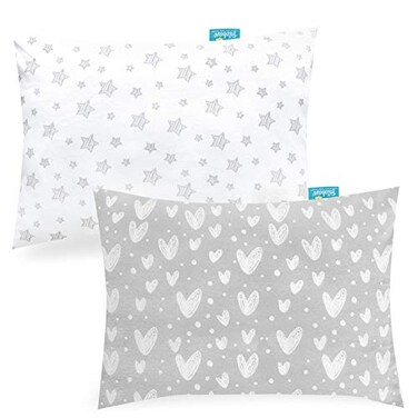 Biloban Organic Cotton Toddler Pillowcase 2 Pack, (Pillowcase Only) Kids Pillowcase for Sleeping Fit Pillow Sized 13"x 18" or 14"x19", Envelope Travel Pillowcase for Girl Boy, Gray Heart &amp; White Star