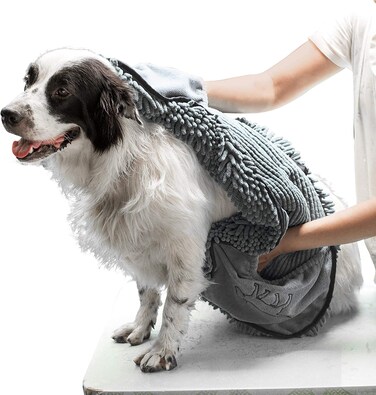 Tuff Pupper Quick Dry Towel for Dogs   Ultra Absorbent Microfiber Shammy   Extra Large 35x15 Size Dog Bath Towel   Comfortable Hand Pockets   Indoor Outdoor Use   Durable Material   Machine Washable