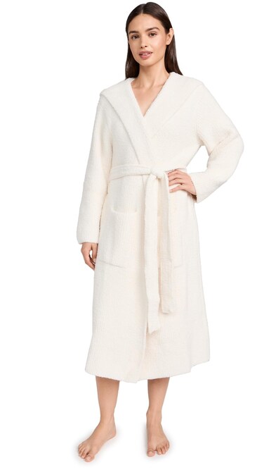 Barefoot Dreams CozyChic Ribbed Hooded Robe, Plush Pool Robe, Long Night Robe, Chic Robe, Classy Robe, Cream, 1