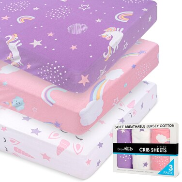 GROW WILD Unicorns &amp; Rainbows Fitted Crib Sheets Girl (3 Pack) - Soft Jersey Cotton Fitted Sheet, Toddler Bed Mattress &amp; Baby Crib Bedding Set for Girls, Baby Girl Nursery Crib - Pink, Purple &amp; White