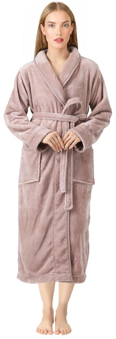 NY Threads Premium Women's Robe Plush Soft Long Bathrobe Warm Fleece Shawl Collar Spa Robe (Medium, Taupe)