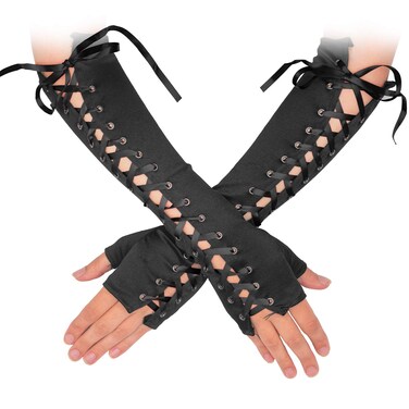 Skeleteen Fingerless Lace Up Gloves - Long Black Costume Elbow Arm Warmer Accessories with Black Satin Laced Tie for Dress Up