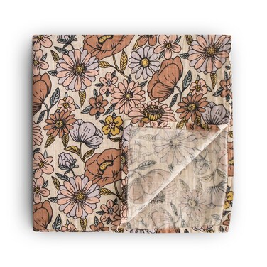 mushie Muslin Baby Swaddle Blanket   100% Organic Cotton (Retro Flowers)